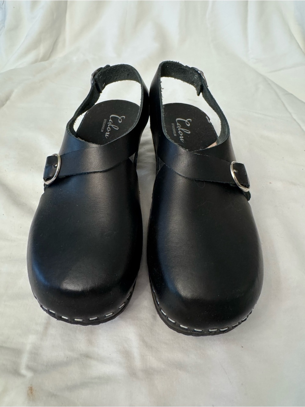Calou Astrid 37 RARE Medium 2" Heel Women’s Black Leather Buckle Clog Mules - Picture 2 of 9